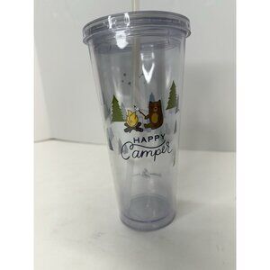 Caribou Coffee Clear Plastic Tumbler Happy Camper 20 oz Bear Retro Camping